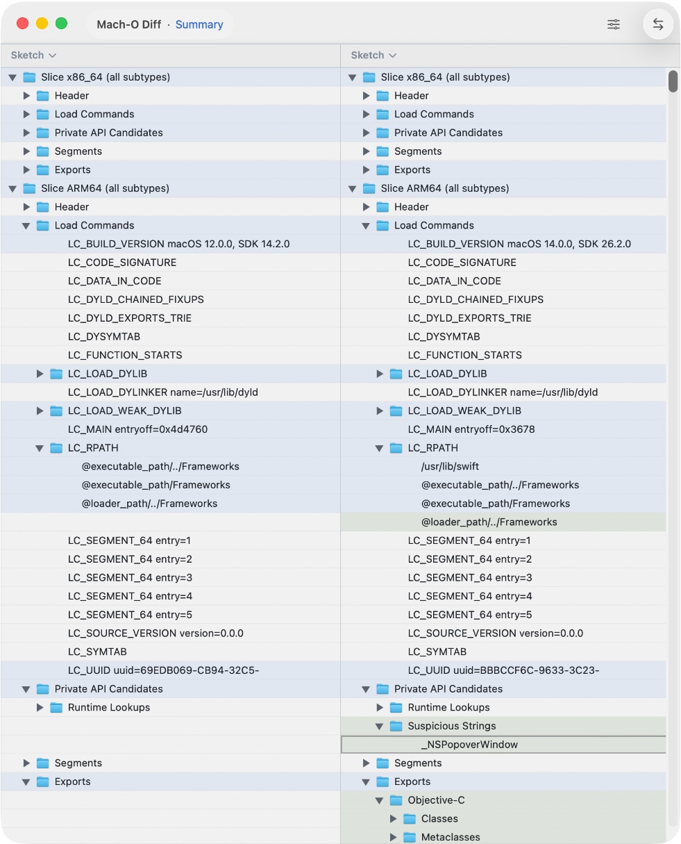 ABDiff Mach-O comparison view on macOS
