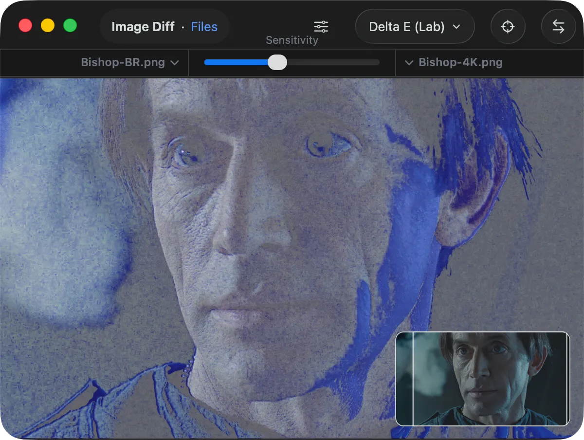 Delta E view highlighting color differences in the remaster