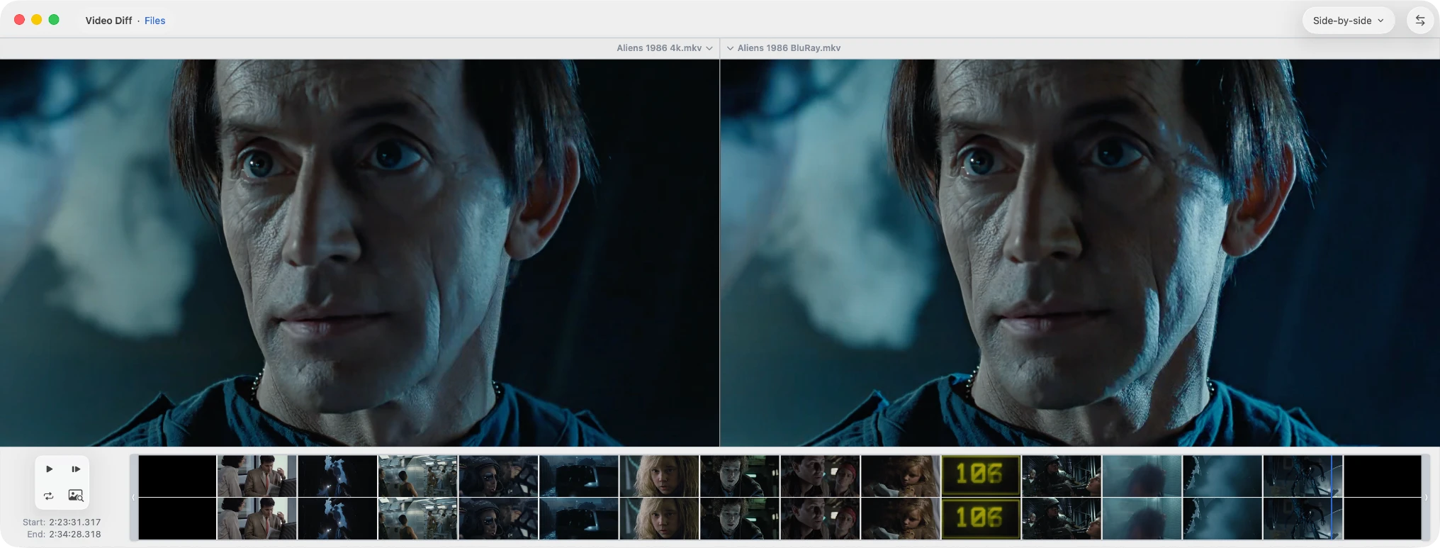 Blu-ray and 4K remaster compared side by side in ABDiff video mode