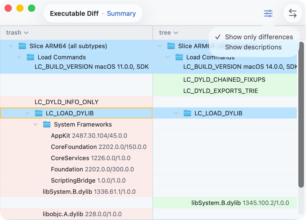 ABDiff Mach-O comparison view on macOS