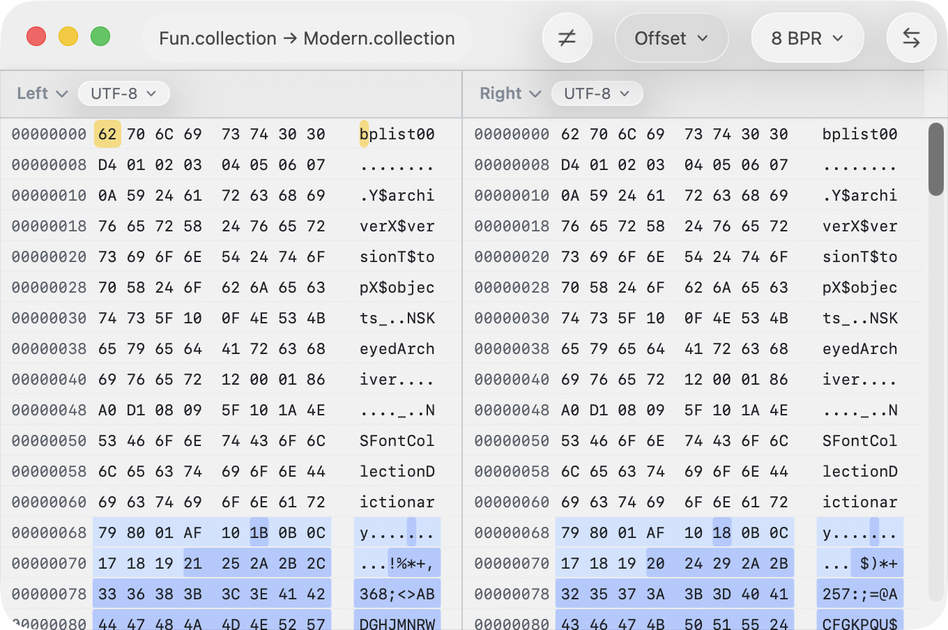 Hex comparison using offset alignment with 8 bytes per row