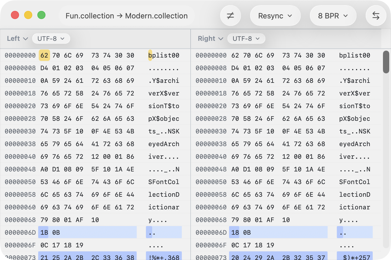 Hex comparison using resync alignment with 8 bytes per row