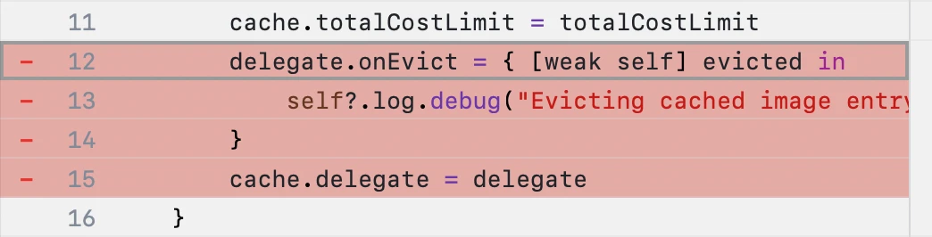 Example: Delete hunk (red) with selection on line 12